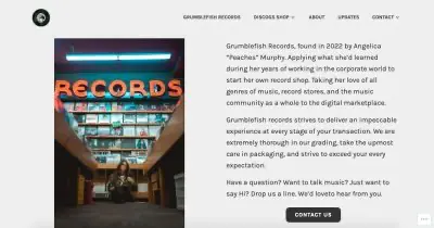 Grumblefish Records of Watertown, CT website designed by Pure Junk Media, featuring a woman sitting in a record store aisle with a large red neon "Records" sign on the wall above. About Us section of the webpage is visible on the right side of the screenshot.