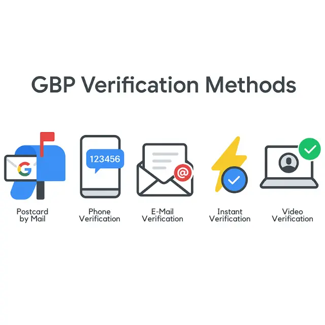 Infographic showing five Google Business Profile verification methods: postcard, phone, email, instant verification, and video.