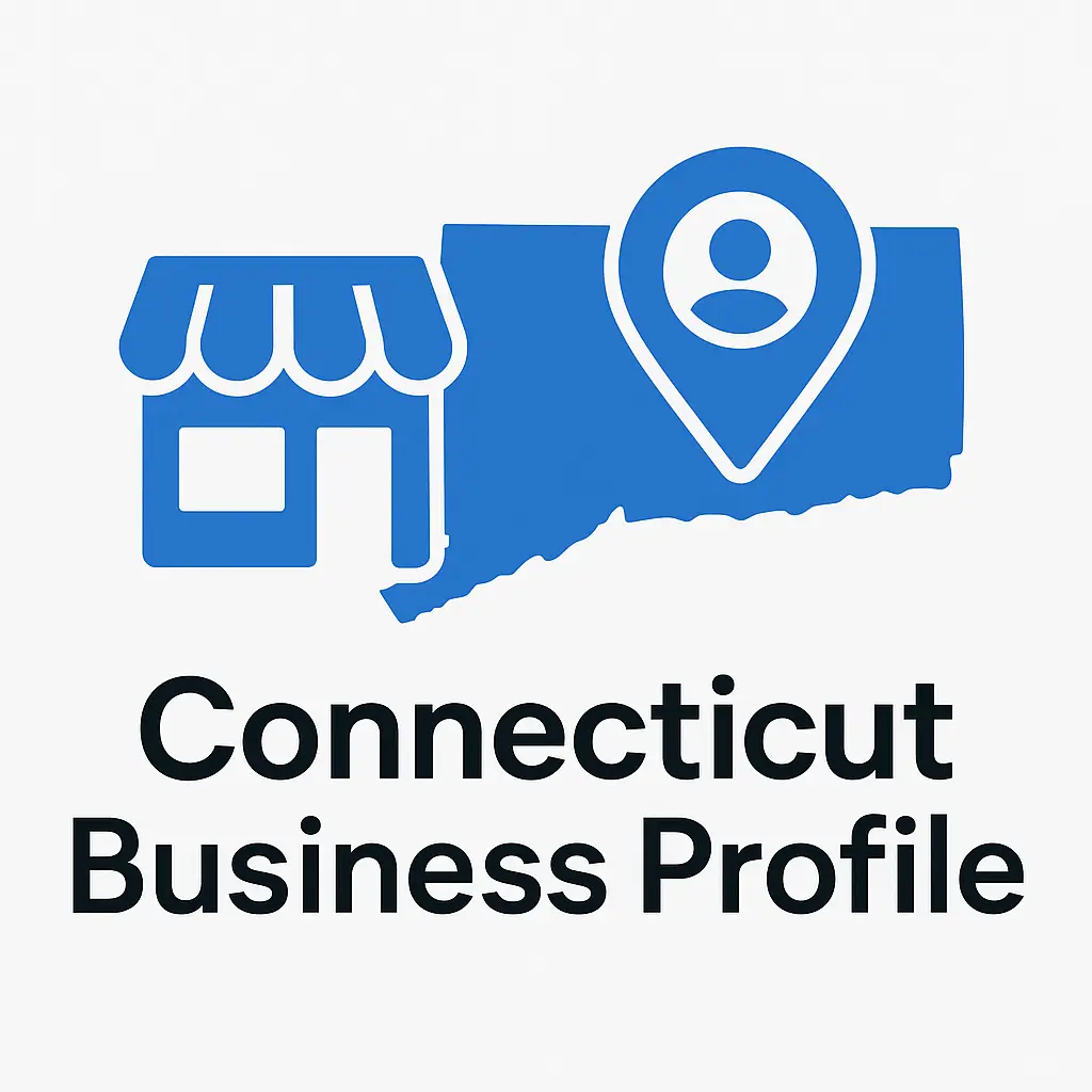 Connecticut Business Profile logo with blue storefront, state outline, and map pin containing a user icon.