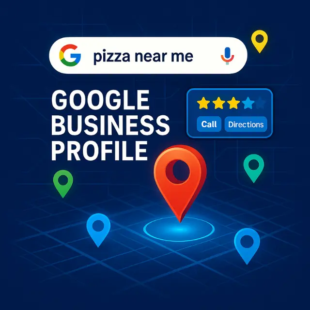 Futuristic digital map illustration with location pins, search bars, and reviews symbolizing Google Business Profile optimization and Local SEO. Google Business Profile Blog.